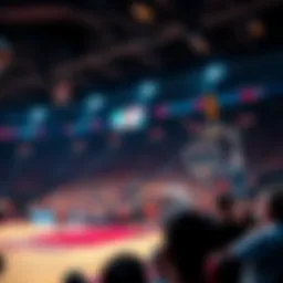 A vibrant basketball stadium filled with enthusiastic fans during a game