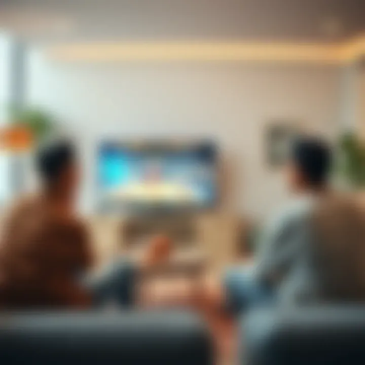 Enjoying Basketball at Home A cozy living room setting with friends watching a basketball game on TV