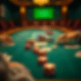 A detailed layout of a poker table showcasing chips and cards