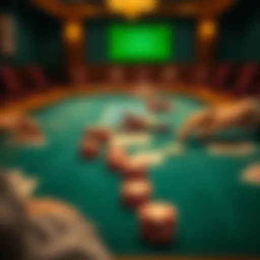 A detailed layout of a poker table showcasing chips and cards